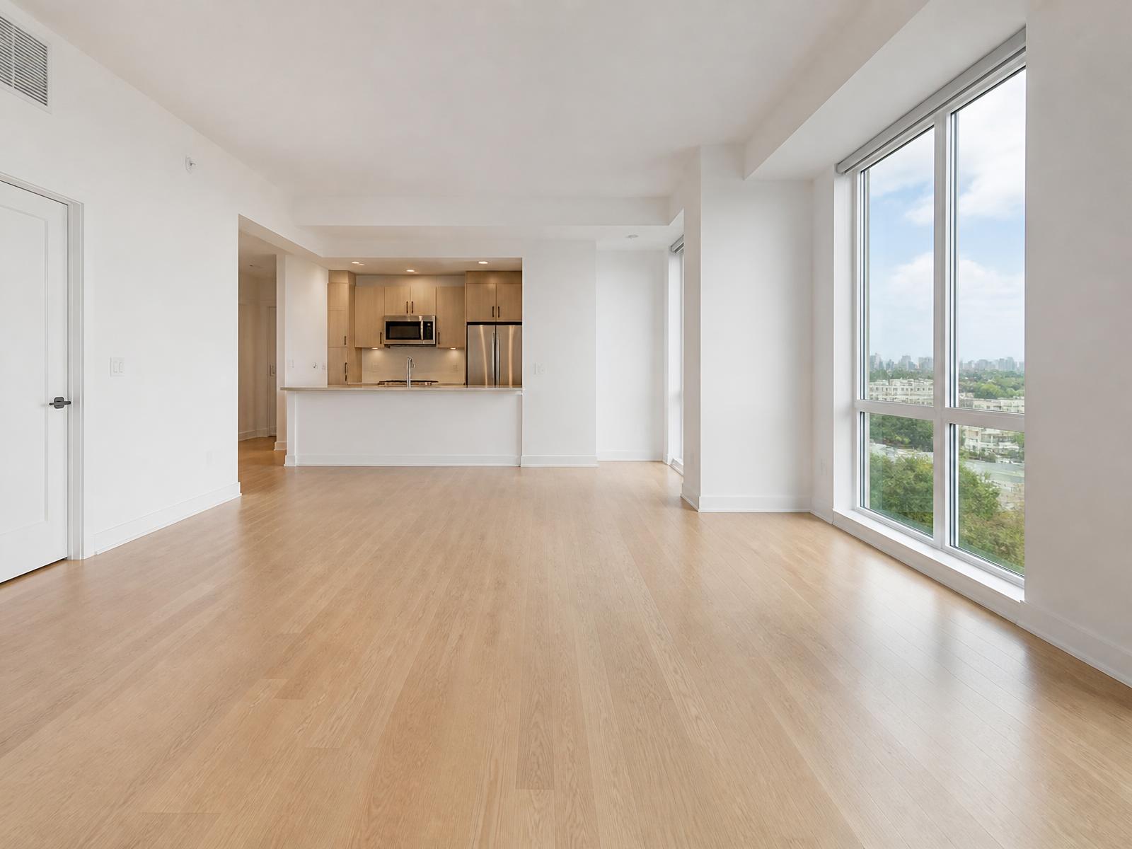 Clean, empty apartment living room and kitchen ready for a new resident